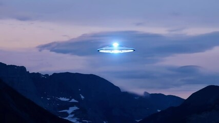 Poster - Mysterious, glowing unidentified flying object is hovering in the sky over a mountain landscape. The sky is a beautiful twilight purple and blue