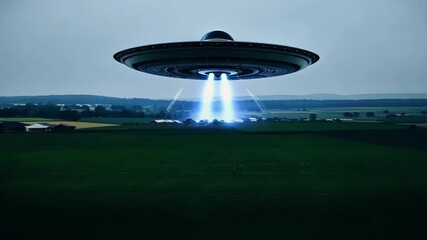 Poster - Large, classic shaped unidentified flying object is hovering in the sky over a rural landscape, its bright beams illuminating the farm buildings below