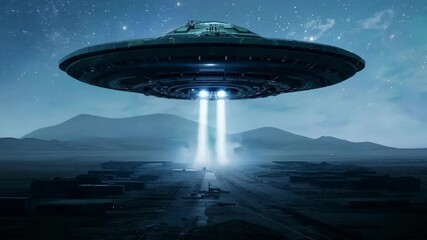 Aufkleber - Large alien spaceship is hovering over an empty research facility in a desolate landscape at night. The spaceship is emitting a bright light that is illuminating the ground below