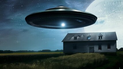 Aufkleber - Large, gray, unidentified flying object is hovering over a farmhouse at night, shining a bright light on the fields below