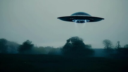 Aufkleber - Mysterious spacecraft with glowing lights is hovering above a field shrouded in fog, creating an eerie and intriguing scene