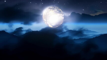 Aufkleber - Giant golden sphere is hovering in the night sky over a mountain range, surrounded by clouds and stars. The scene evokes mystery and wonder