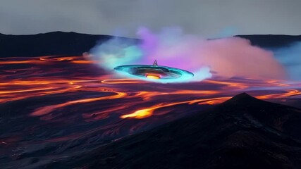Poster - Otherworldly spaceship glides through the night sky. Casting an eerie glow on the stunning landscape below with lava cascading from an erupting volcano