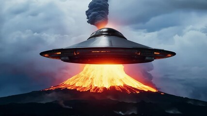 Poster - Large alien spaceship is flying over an erupting volcano, with smoke and lava spewing into the sky. The scene is set against a dramatic cloudscape