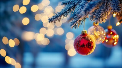 Festive Christmas tree with decorations with glittery baubles, frosted evergreen branches, illuminated by warm lights on a blur background. Merry Christmas banner and poster