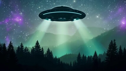 Poster - Ufo is hovering at night over a forest with its lights illuminating the trees and mountains in the background. The starry sky suggests we are looking at outer space