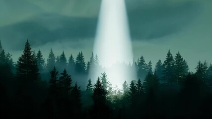 Poster - Mysterious spaceship hovers over a dark forest at night, casting a powerful beam of light, creating an eerie and suspenseful atmosphere