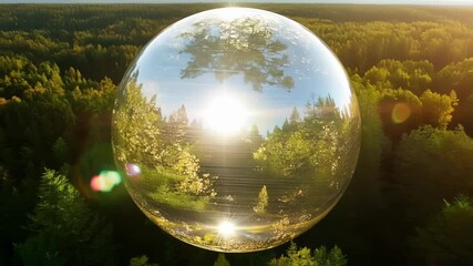 Aufkleber - Capturing sunlight, reflecting over lush forest, creating dreamlike effect. Tranquil, harmonious scene with green trees, blue sky, fluffy clouds, and golden sunlight