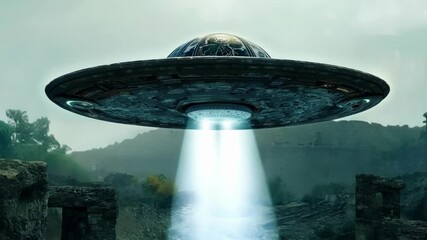 Poster - Large unidentified flying object is hovering in the sky over ancient ruins emitting a bright light beam to the ground below
