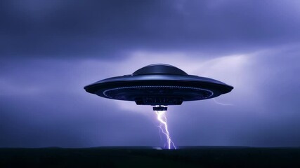 Poster - Ufo is hovering in the sky during a lightning storm, creating a mysterious and ominous atmosphere. The image evokes a sense of wonder and the unknown