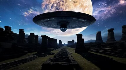 Poster - Large, black spaceship is hovering over the ruins of an ancient civilization on an alien planet, with a giant moon in the distance