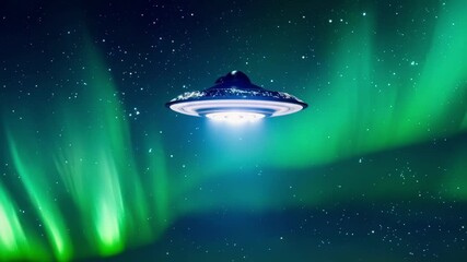 Aufkleber - Alien spaceship hovers in space, casting bright lights on a planet with green northern lights, flying over a celestial body with aurora borealis in this sci fi scene