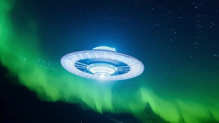 Aufkleber - Alien spaceship glows in the night sky with stars and a green aurora borealis, evoking wonder and mystery