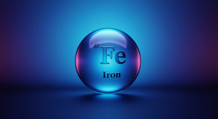 Poster - Iron sphere with atomic symbol Fe representing element in a futuristic design