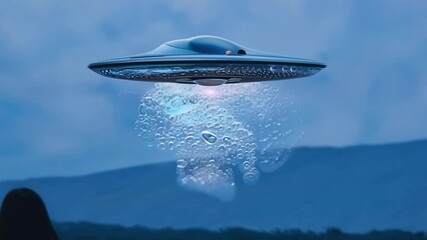 Aufkleber - Classic flying saucer with glowing lights is using a tractor beam to abduct someone from earth. This ufo is floating in the sky above some hills
