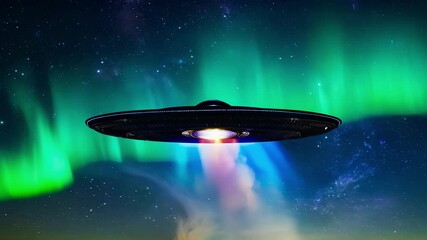 Aufkleber - Alien ufo spaceship is flying over planet earth at night, leaving a trail of light behind it, with a bright aurora borealis in the background