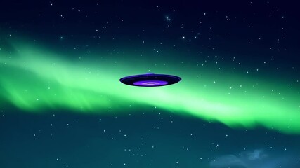 Aufkleber - Ufo is flying in space with glowing lights over a green aurora borealis, a concept of alien invasion or extraterrestrial life