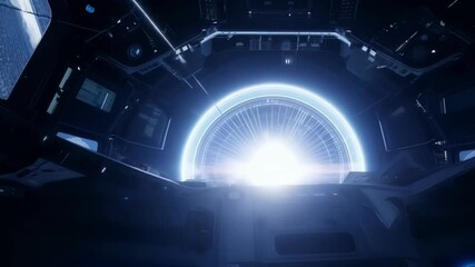 Poster - Futuristic spaceship interior with a pilot navigating through the cosmos, surrounded by illuminated control panels and digital displays