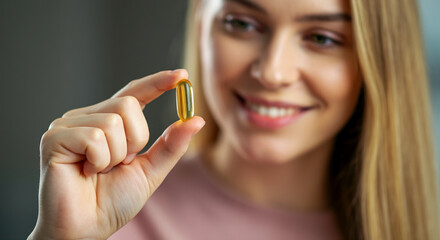 Gel capsule health supplement in female hand smiling close-up