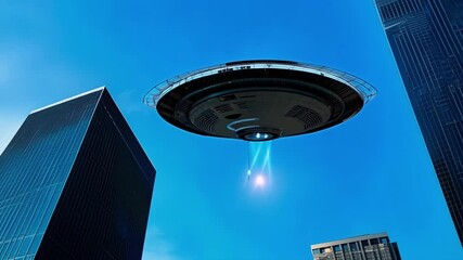 Poster - Mysterious ufo spaceship hovers silently over a bustling city, casting a mesmerizing light with its powerful tractor beam in the deep blue sky