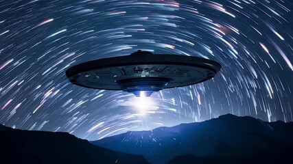 Poster - Mysterious, unidentified flying object is hovering in the night sky over a mountain range, leaving trails of light in its wake