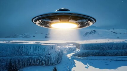Aufkleber - Ufo is illuminating a snowy forest and mountains with a bright light emanating from its underside. The scene evokes mystery and the possibility of extraterrestrial life