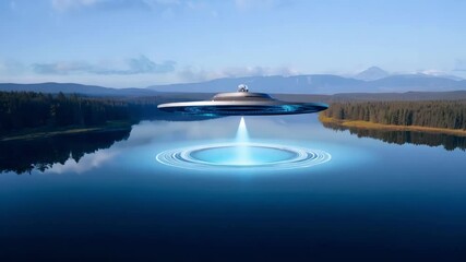 Poster - Large unidentified flying object is hovering over a serene lake on a clear day, providing a unique perspective from both above and below the water's surface