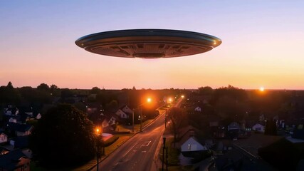 Aufkleber - Mysterious ufo hovers over a suburban sunset, casting an otherworldly glow