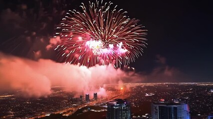 Poster - Fireworks are exploding high above a city skyline at night, illuminating the sky with vibrant bursts of color and light