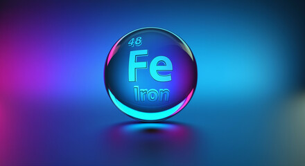 Poster - iron sphere with chemical symbol fe in vibrant colors illuminated