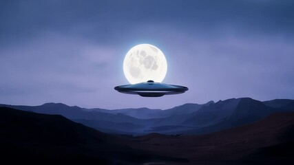 Poster - Large, metallic unidentified flying object is hovering in the night sky over a desolate, mountainous landscape, bathed in the ethereal glow of a full moon