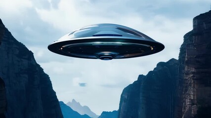 Poster - Spaceship is flying over mountains with clouds in the sky. This image evokes the concept of space exploration and alien life