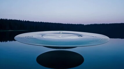 Aufkleber - Futuristic oval building is standing on a perfectly still lake at dusk, reflecting on the water surface, with a dense forest in the background