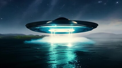Aufkleber - Silver alien spaceship hovers over water at night, glowing with blue lights against a starry sky and distant shoreline