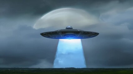 Aufkleber - Large alien spacecraft hovers ominously over a serene rural landscape. Casting a brilliant blue beam of light down towards the ground