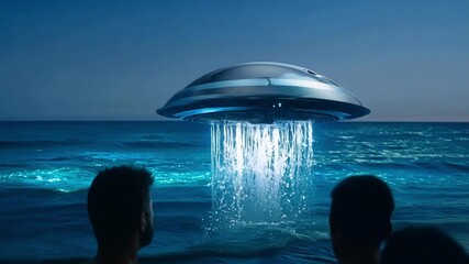 Poster - Silhouetted friends are standing on beach at night, watching a glowing futuristic unidentified flying object landing in the water