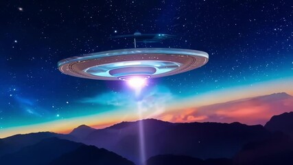 Poster - Large, unidentified flying object is beaming a bright light onto a mountain range, with a starry sky and clouds in the background