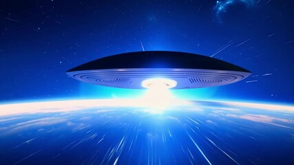 Poster - Hovering flying saucer beams light to earth in space, surrounded by stars and mystery. Evoking science fiction, aliens, and excitement