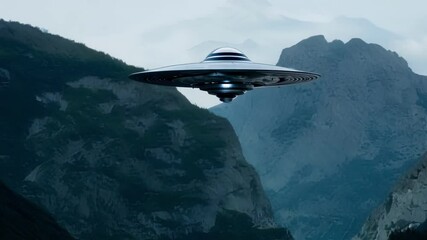 Poster - Large, metallic, disc shaped ufo is hovering in the air, casting a shadow on the rugged terrain below, suggesting extraterrestrial presence and advanced technology