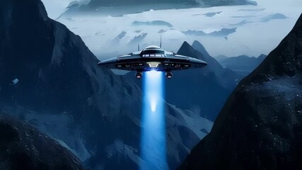 Poster - Spaceship hovers over a mountain range, lit by a tractor beam in a blend of sci fi and fantasy, evoking mystery and adventure in a futuristic world where technology and exploration meet