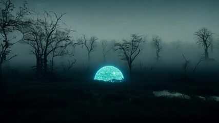 Poster - Mysterious, glowing orb is casting an ethereal glow over a dark and misty swamp filled with gnarled trees and reflecting in the water