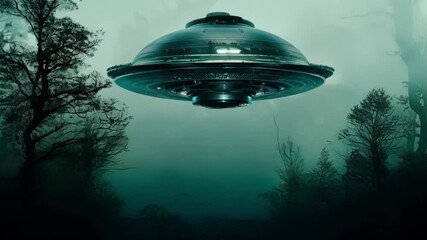 Aufkleber - Large, silver alien spaceship with glowing lights is hovering over a dark and foggy swamp at night. The spaceship is casting an eerie green glow on the water and trees below