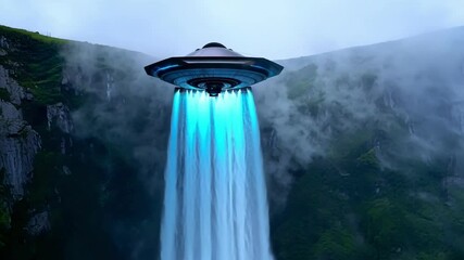 Aufkleber - Ufo hovers over a waterfall, emitting blue beams, blending advanced tech with nature's mystery