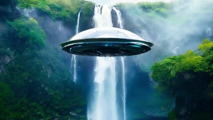 Poster - Ufo spaceship is hovering over a waterfall in a forest landscape, showcasing the beauty of nature and the mystery of the unknown