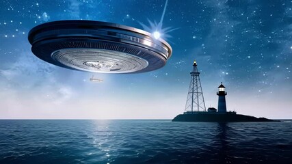 Poster - Large spaceship is arriving on earth at night, hovering over the ocean and approaching a lighthouse with a rescue boat nearby