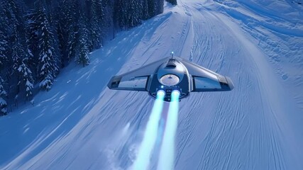 Poster - Futuristic spaceship flies over snowy mountains in winter, leaving a trail of light