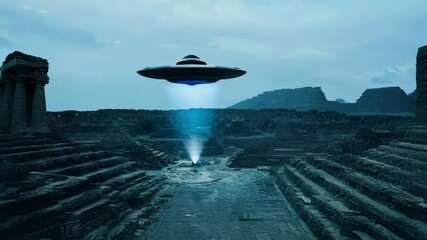 Poster - Large, silver spaceship is beaming a mysterious blue light onto the ruins of an ancient civilization. The scene is shrouded in an ethereal blue light, creating a sense of mystery and wonder