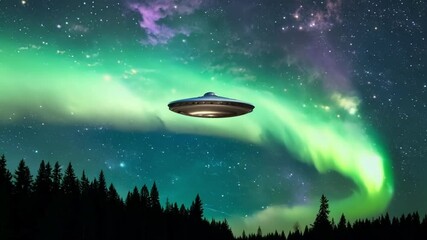 Poster - Ufo is flying over a forest at night, with the northern lights illuminating the sky. The spacecraft is a classic flying saucer shape, with lights around the perimeter