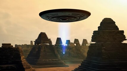 Aufkleber - Mysterious and powerful alien spaceship is hovering over ancient ruins, emanating a bright beam of light towards the ground