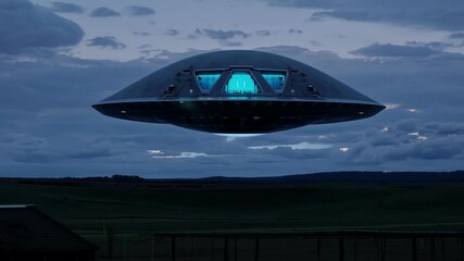 Poster - Large, silver spaceship with glowing windows is hovering in the sky over a rural landscape at dusk, with green fields and a farmhouse in the foreground